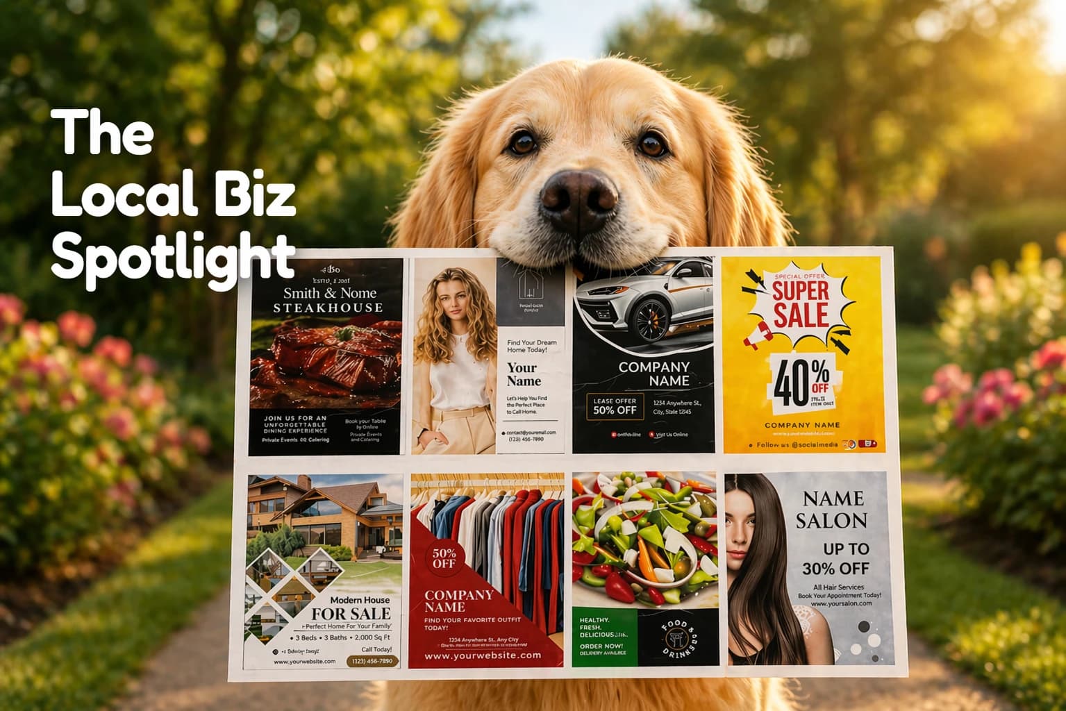 A golden retriever holding a Local Biz Spotlight postcard full of local business ads